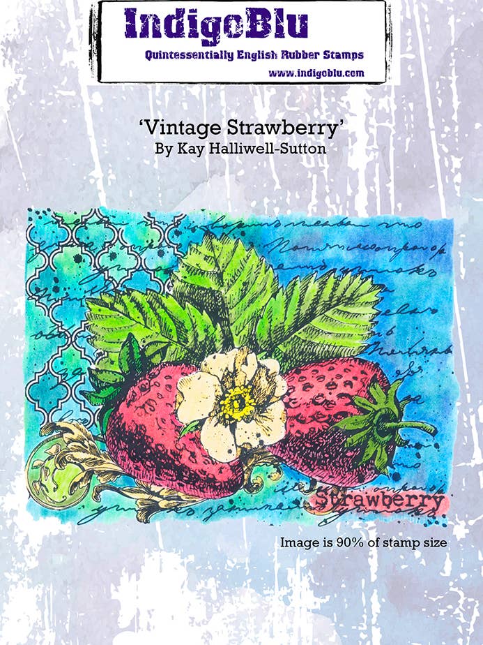 Timbro in gomma rosso vintage con fragole, formato A6, di Kay Halliwell per la vendita all'ingrosso da parte di IndigoBlu