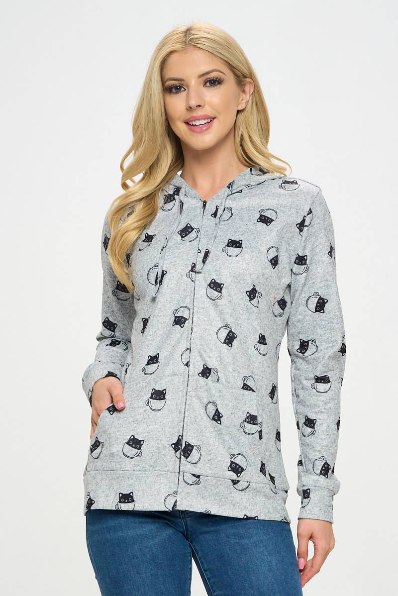 LA Soul – Engroshandel Hoodie – Kvinder – Kat I En Tekop Print Lynlås Hættetrøje