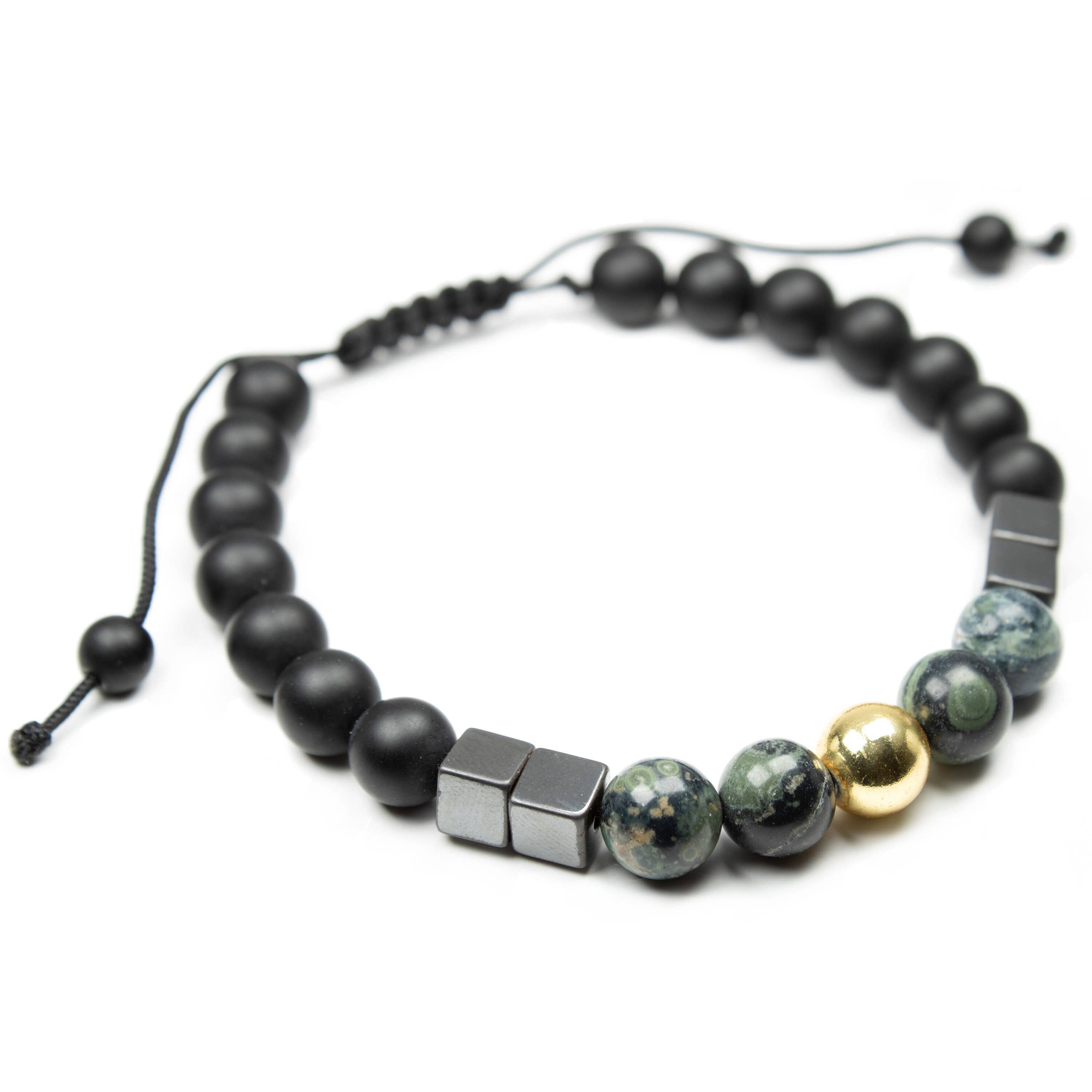 Mana Gallery – Pulseira de missangas por atacado – Elegância Terrena: Ónix, Jaspe Kambaba e Hematita Cúbica1