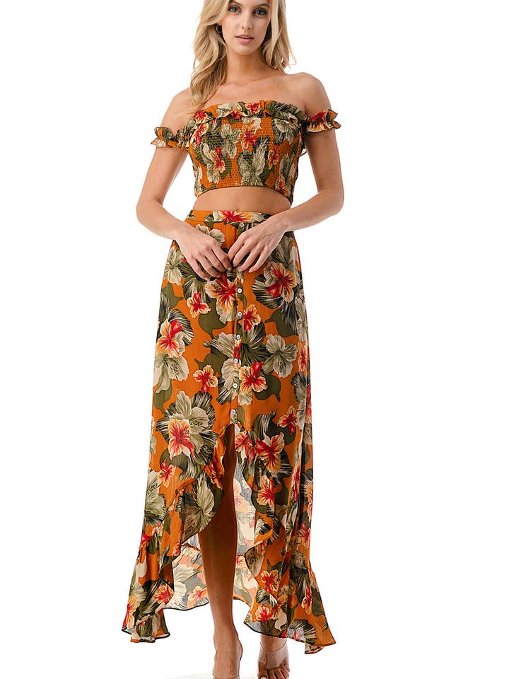 Orange Conjunto rosa tejido - Top fruncido y falda larga tulipán de venta al por mayor en Faire