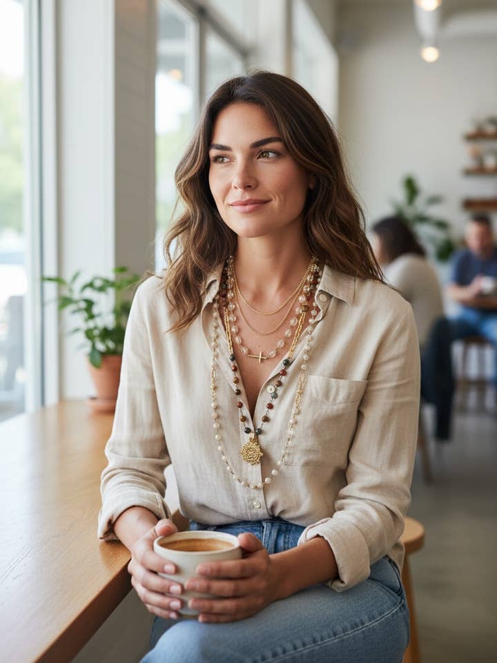 Three individual necklace layered set in jasper, champagne for wholesale by Ava Capri