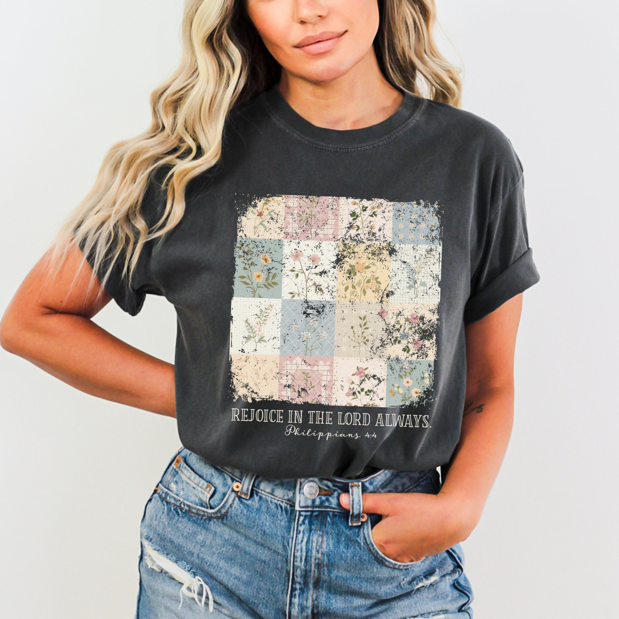 Scripted Pearl - Wholesale Screen Printed T-Shirt - Women's - Rejoice In The Lord Always Vintage Floral Comfort Colors Tee1