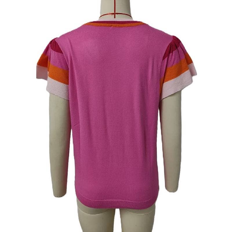 Rosa Clothing - Wholesale T-Shirt - Women's - Stylish Color-Block Ruffled Sleeve And Trim Knit Top11
