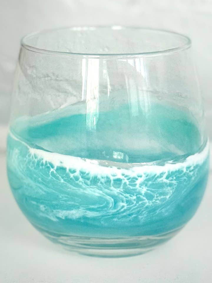 Red Wine Stemless Glass with Teal Resin - Beach Glassware for wholesale by Artful Nests