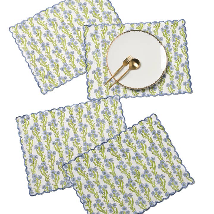 Inner Child - Wholesale Placemat - Forget-Me-Not Scallop Embroidered Blockprint Placemat