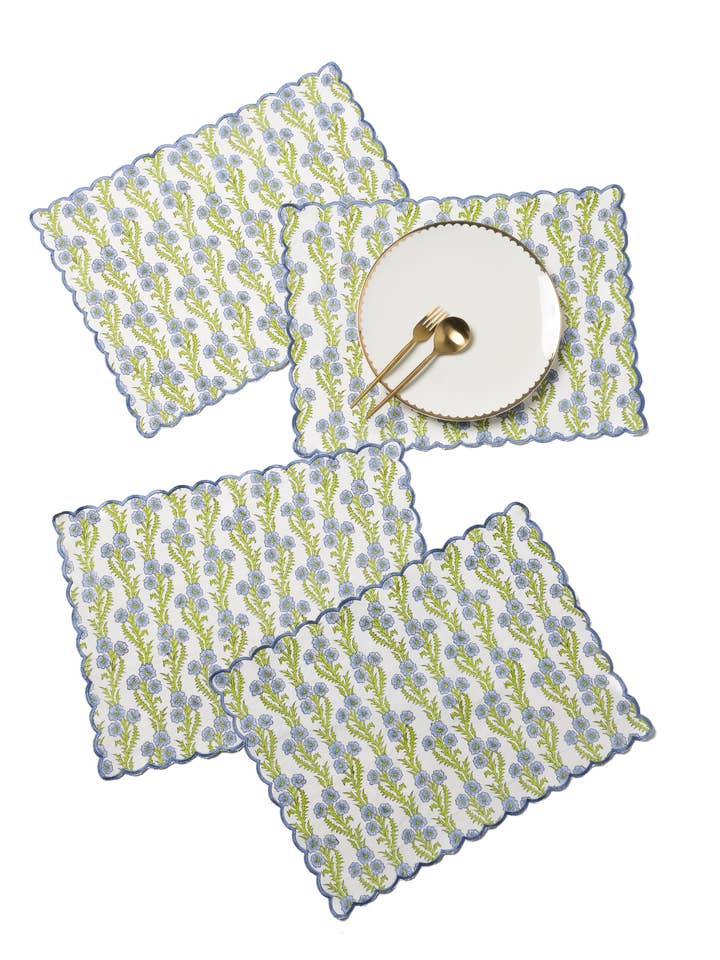 Forget-Me-Not Scallop Embroidered Blockprint Placemat for wholesale by Inner Child