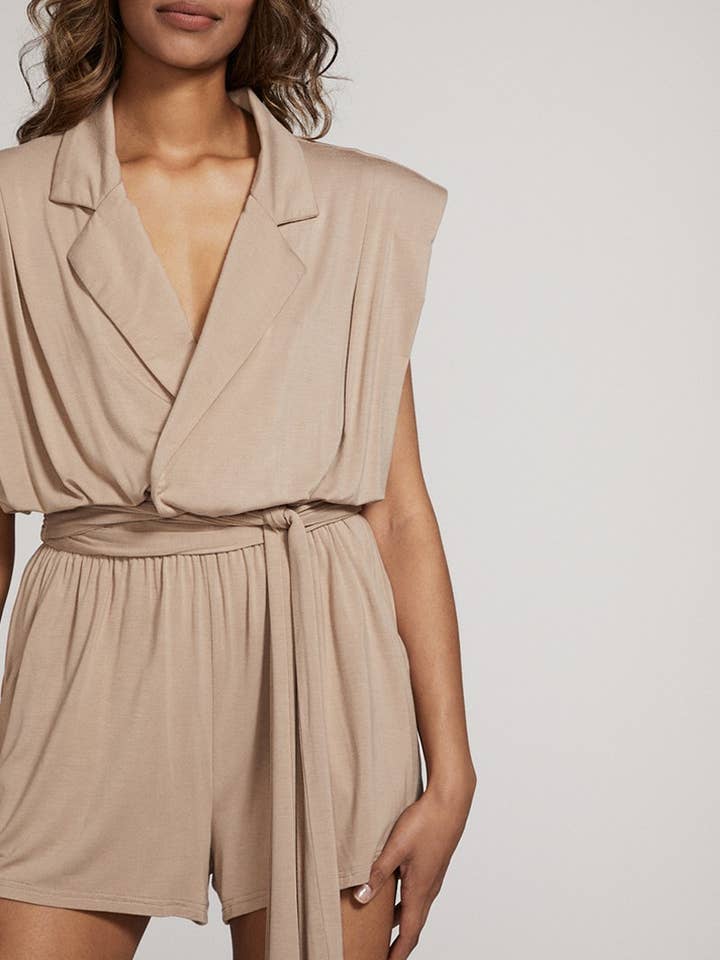 Sand Shoulder pad romper for wholesale on Faire0