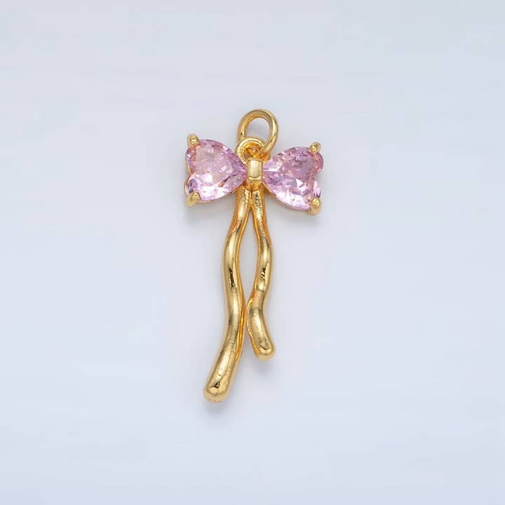 Aim Eternal - Wholesale Individual Charm/Pendant - 24K Gold Filled Clear, Pink CZ Ribbon Bow Drop Mini Charm | AC1011