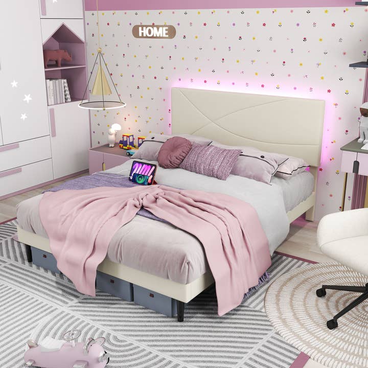 39F Inc. - Wholesale Bedroom Furniture - Foothill Queen Beige Bed Frame with LED Headboard