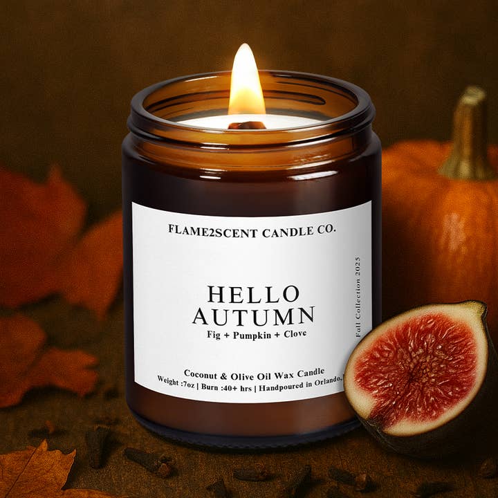 Hola Otoño - Vela de Otoño en Tarro Ámbar de 7oz para venta al por mayor de Flame2scent Candle Co.