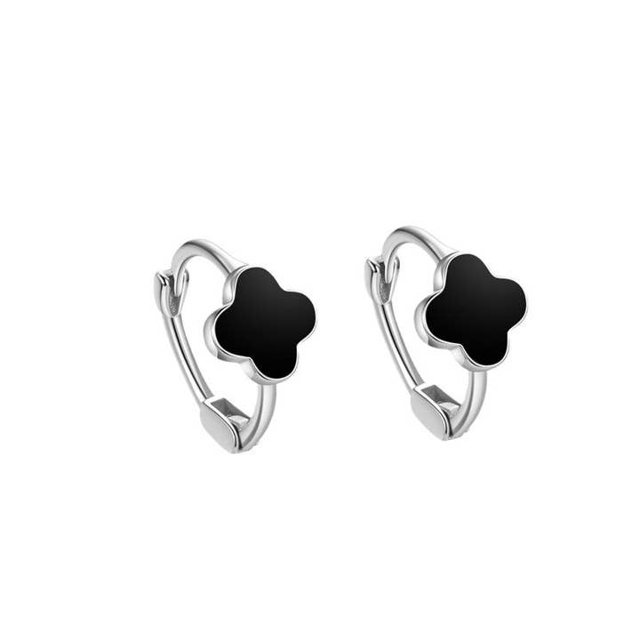 Perimade & Co. LLC - Wholesale Huggie Earrings - Black Four Leaf Clover Hoop Earrings in 925 Sterling Silver5