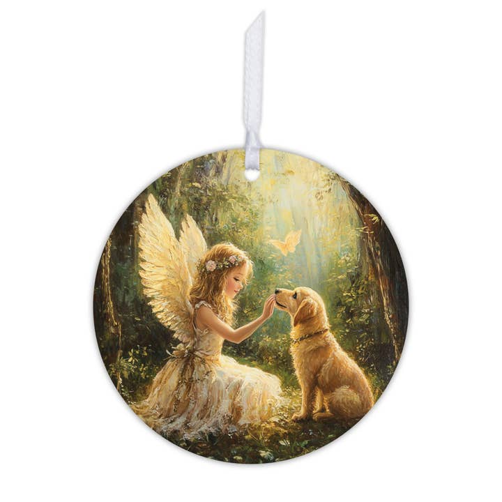 Angel w/ Dog Ornament Rustic Pet Memorial for Christmas Tree for wholesale by LifeSong Milestones