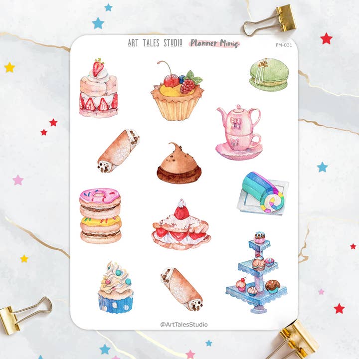 Franse bakkerij stickervel, Planner Stickers, Plakboek, Stationair, Bujo, Dagboekstickers, Gebak, Dessert, Cake, Afternoon Tea, Donuts voor wholesale door Art Tales Studio