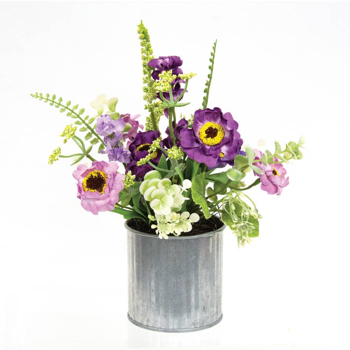Saybrook Lane - Wholesale Artificial Flowers - Lavender Zinnia & Wildflowers in Metal Pot - 8.5"H