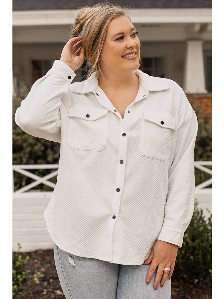 Beige Plus Size Textured Flap Pockets Jacket for wholesale on Faire