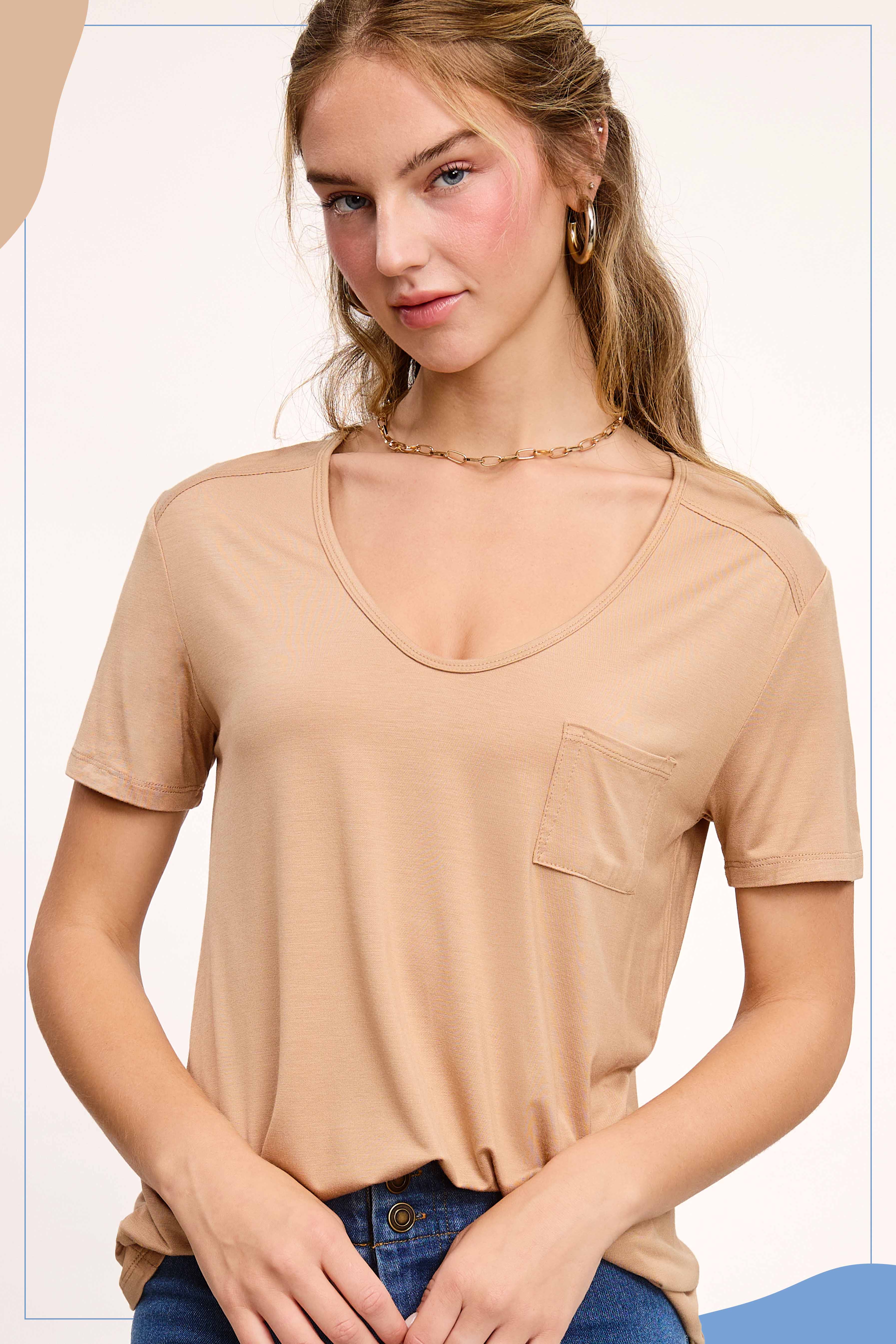 La Miel – T-shirt – Mulher por atacado – HUT7182-Camisola Básica de Manga Curta com Bolso Frontal Super Macio7