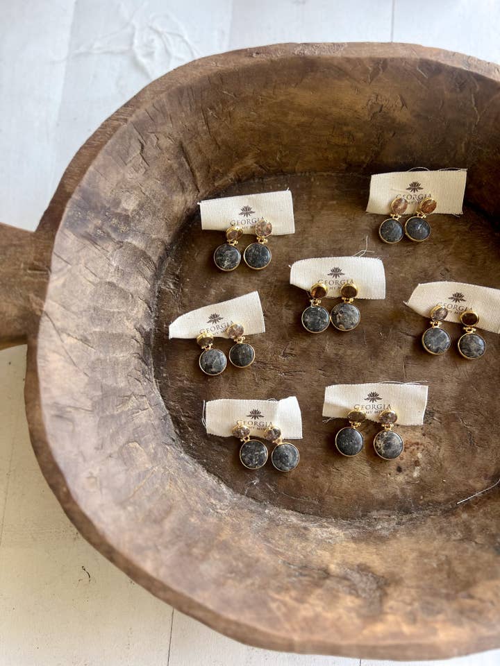 Double Stone Earring- Labrodite/ Amethyst for wholesale by Georgia On My Mind