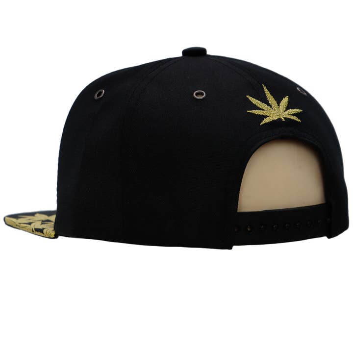 Cap Zone - Wholesale Flat Brim Cap - Unisex - Marijuana Leaf MJ Gold Metallic Print Flat Bill Snapback