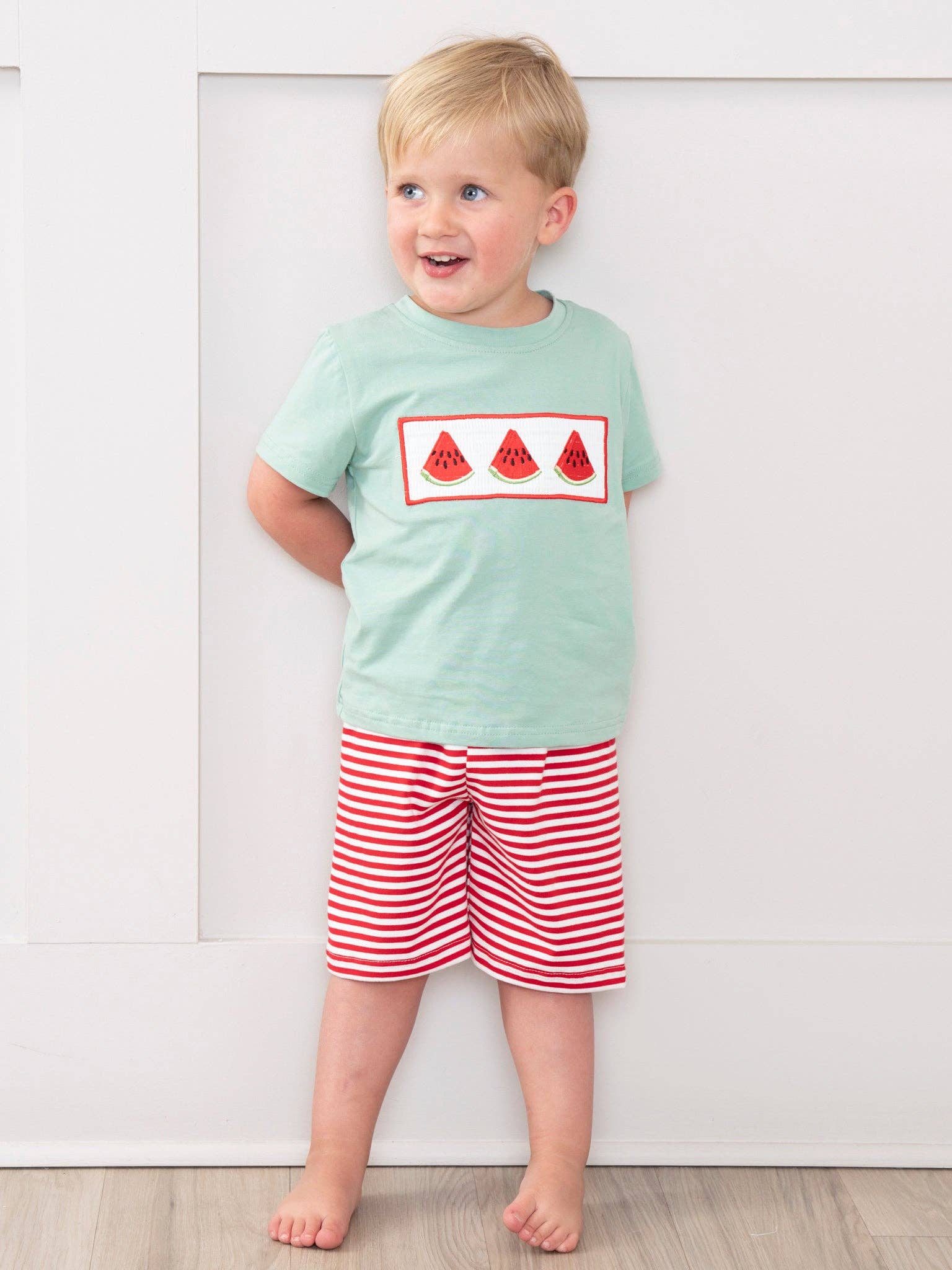 Marie Nicole Clothing - Wholesale Top & Short Set - Kids - Watermelon Stripes Smocked Outfit2