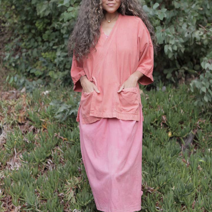 Plant dyed Retreat jacket in Raspberry for wholesale by rainbow + yarrow