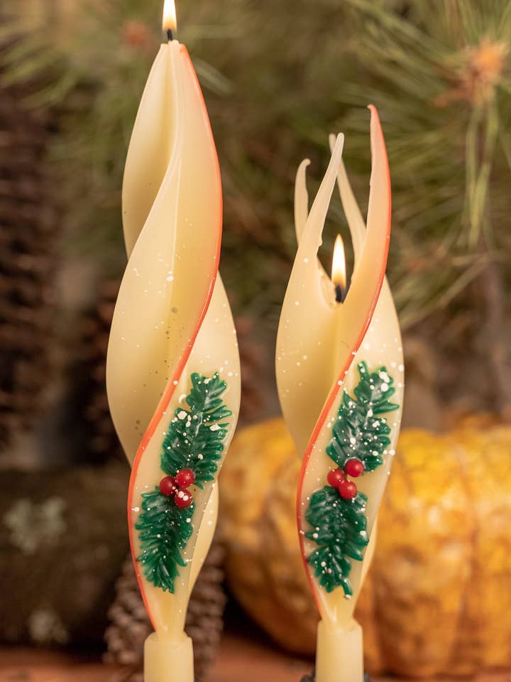 Ivory Holly Silhouette Pair of Beeswax Candles for wholesale by Summerfield Candles
