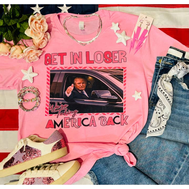 Bubblegum Get In Loser We’re Taking America Back Tee for wholesale on Faire