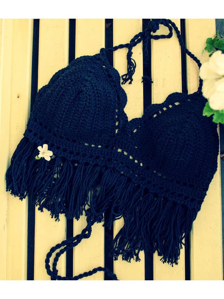 mayAqua - Vente Haut en maille – femme - Haut en crochet noir, haut à franges en crochet, vêtements hippie des années 606