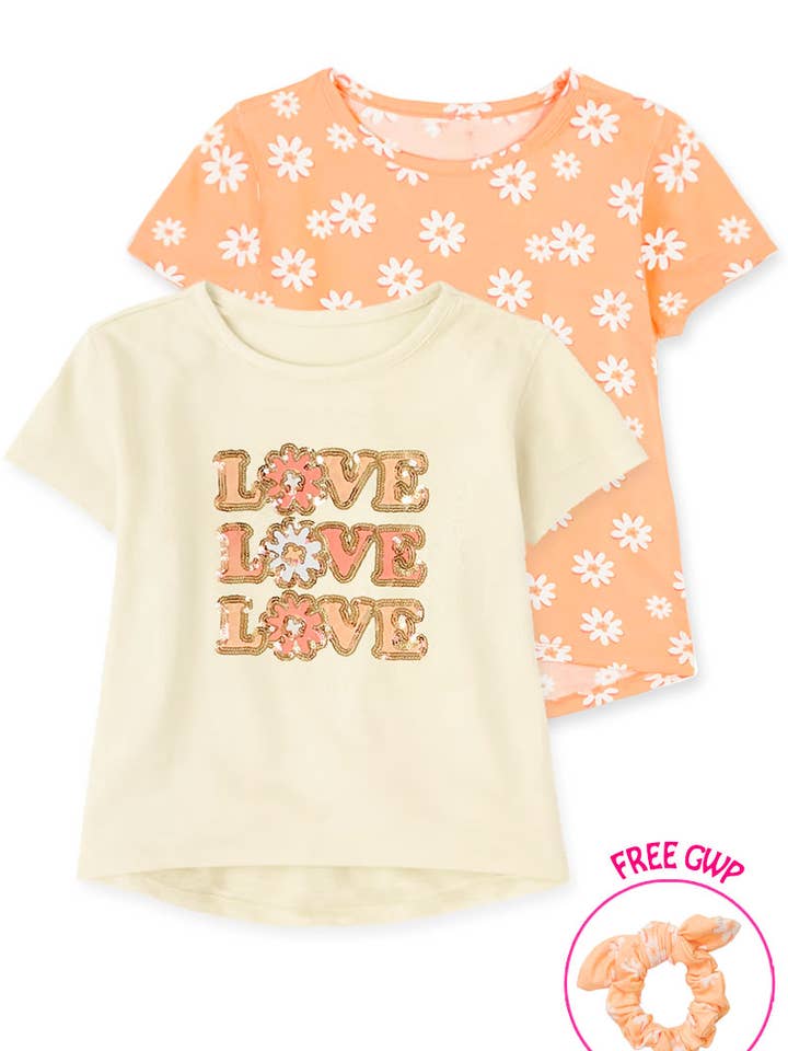 GKT-Y24-19002B-01 Girl's 2 Pack Fashion Tees w/ Scrunchie for wholesale by Cutie Patootie Clothing