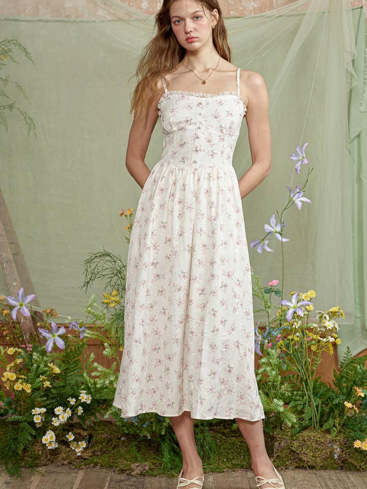 RP2829 - Vestido Botão Cottagecore Rosa por atacado de ROSIE POSIE