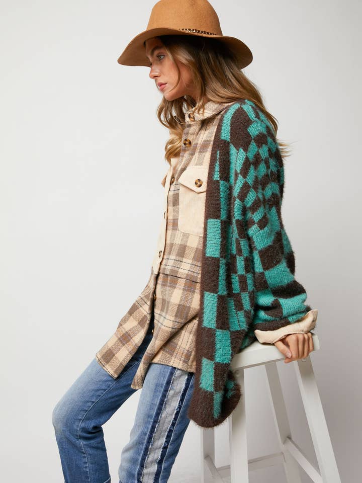 Davi & Dani - Wholesale Cardigan - Women's - PLUS CHECKERED PRINTED FUZY FLEECE SOFT WARM KNIT SWEATER CA