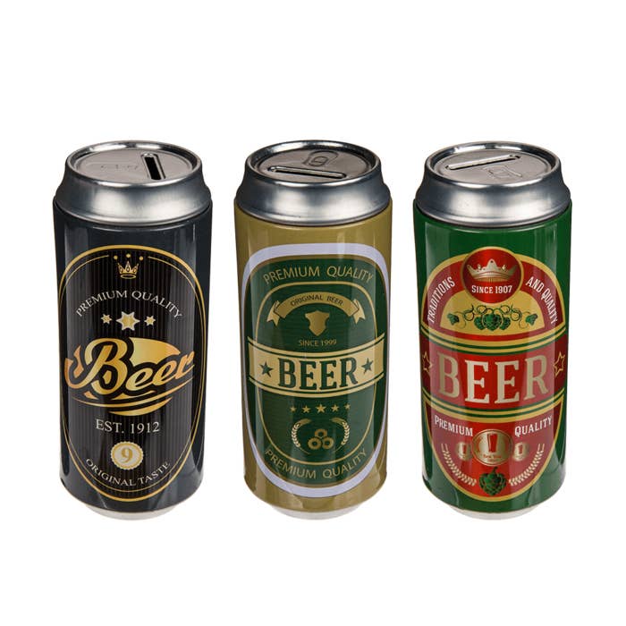 Salvadanaio in latta a forma di lattina di birra, ca. 16 x 7 cm, 3 modelli assortiti per la vendita all'ingrosso da parte di Out of the blue KG