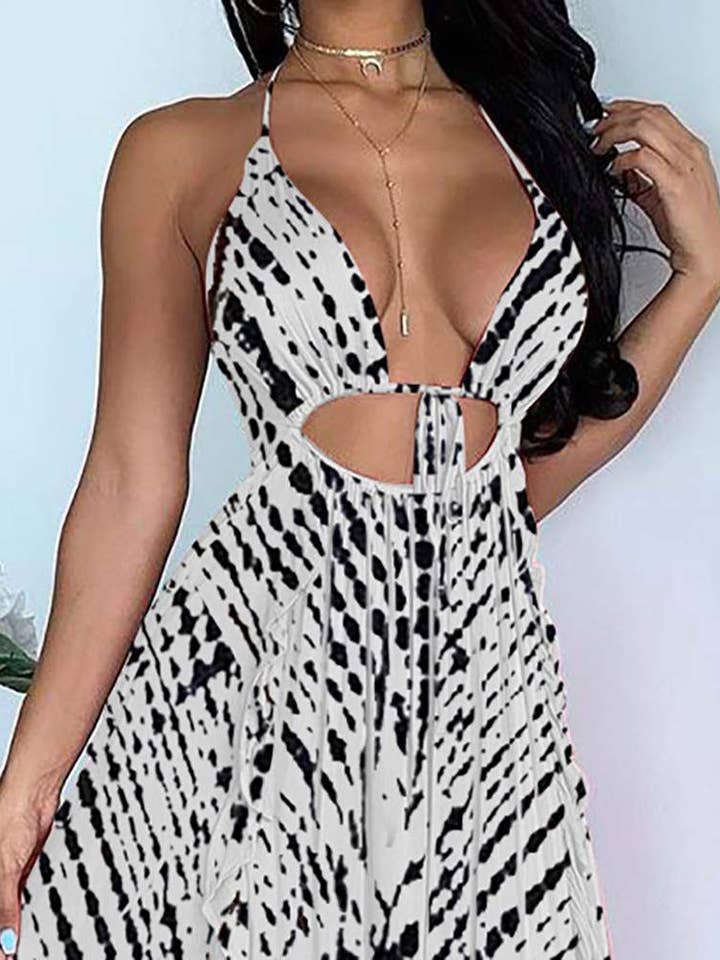 Flarix – Engroshandel Kjole - Dame – halterneck slips farvestof print bundet detaljer udskæring maxi kjole2