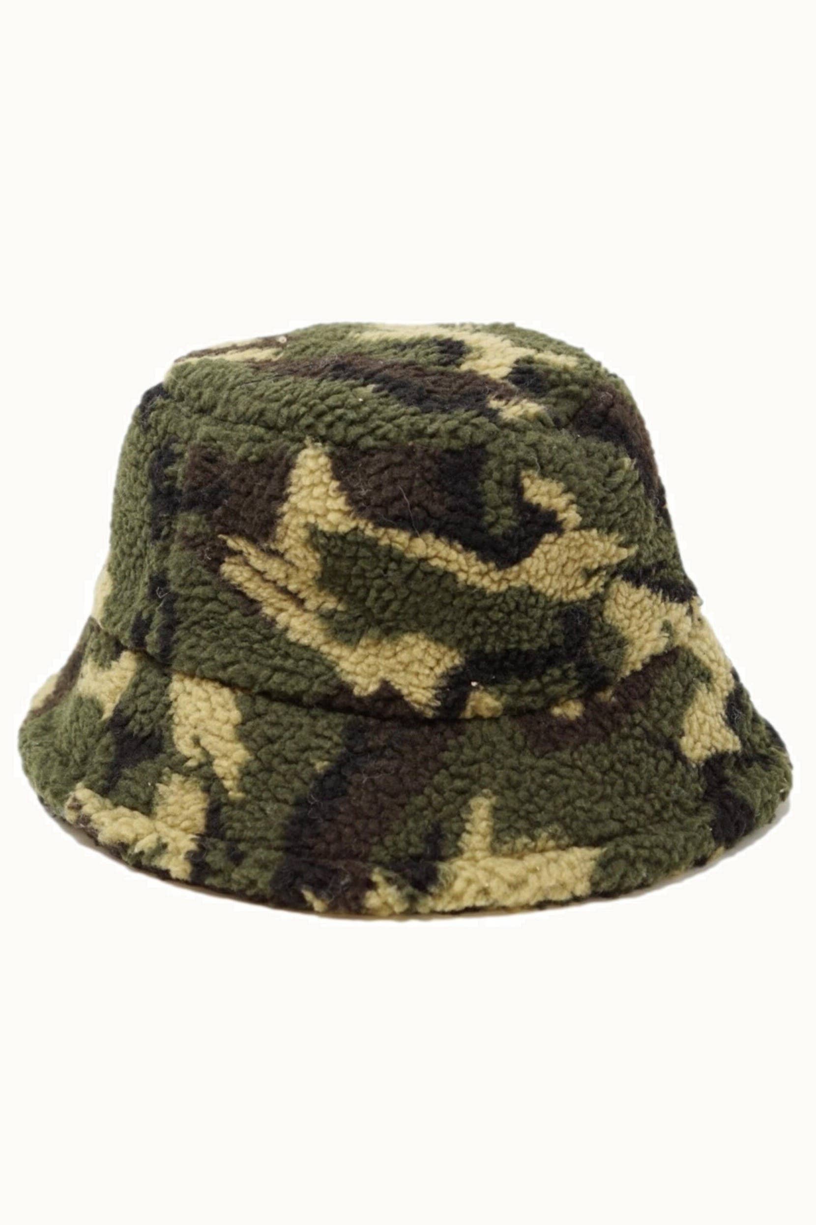 Olive & Pique - Wholesale Bucket Hat - Women's - Faux Fur Fuzzy Textured Bucket Hat, Camouflage1