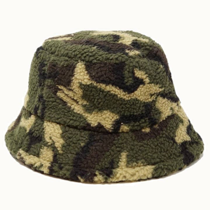 Olive & Pique - Wholesale Bucket Hat - Women's - Faux Fur Fuzzy Textured Bucket Hat, Camouflage1