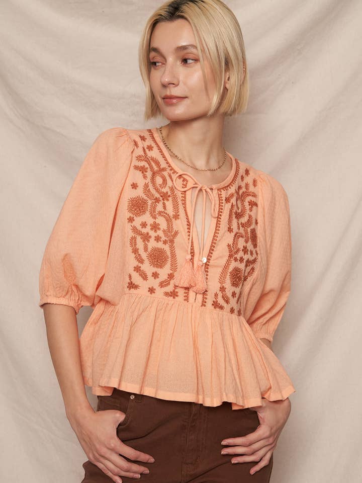 En Crème - Wholesale Blouse - Women's - Puff Sleeve Peplum Top with Embroidery Detail15