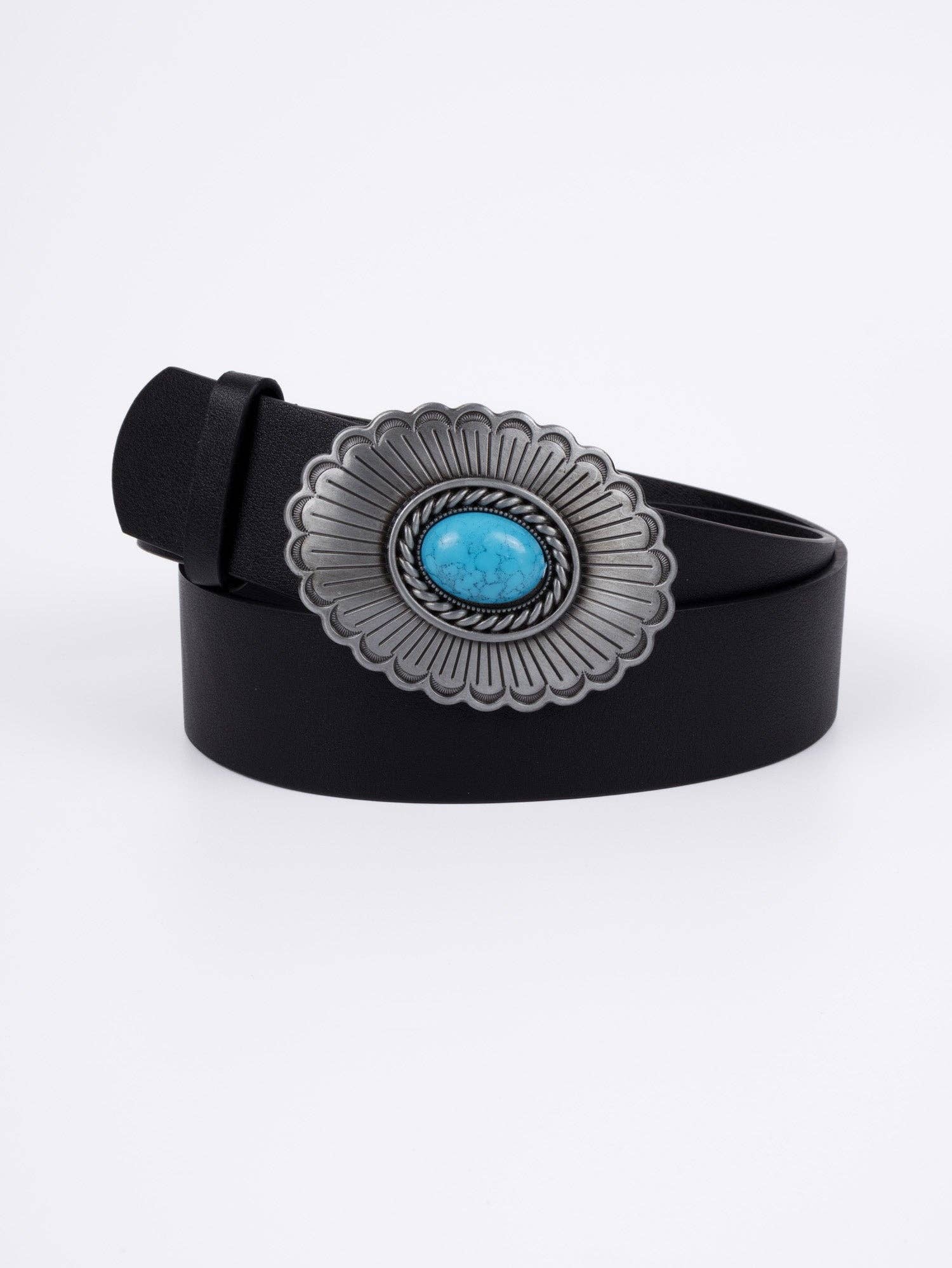 Nakoa The Label - Wholesale Belt – Women's - Vegan PU Leather Belt - Caen - Turquoise Round Boho Buckle - Silver / Black- 110cm
