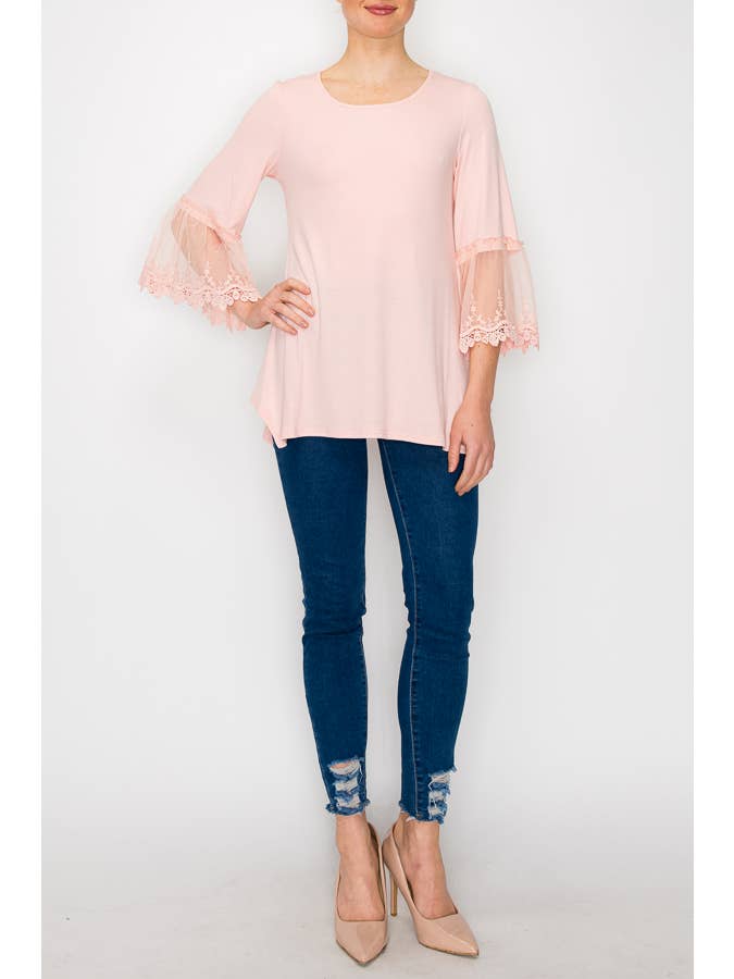 Origami Apparel ~ Lace and Crochet inspired - Wholesale Tunic - Women's - TUNIC TOP WITH LACE SLEEVE TRIMMINGS-4480PINK3