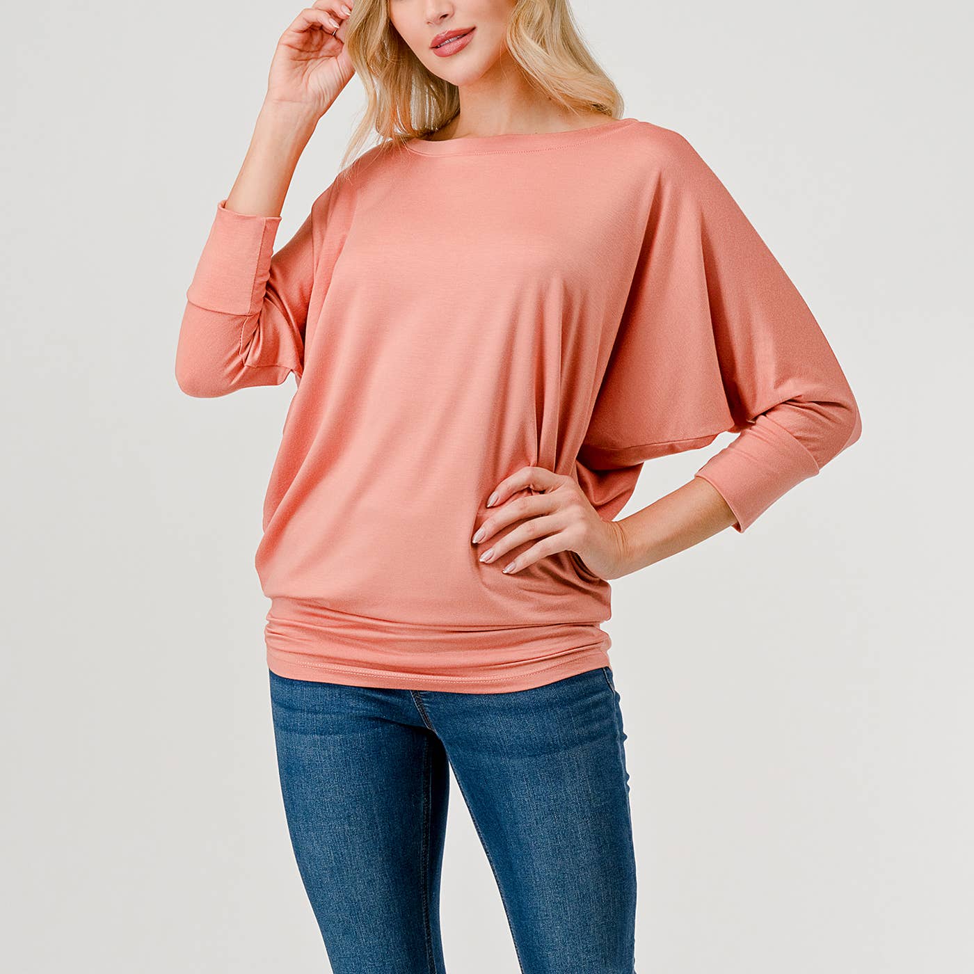 Heimious - Wholesale Knit Top - Women's - 3/4 Dolman Sleeve Round neck Modal Jersey  Top, 250353