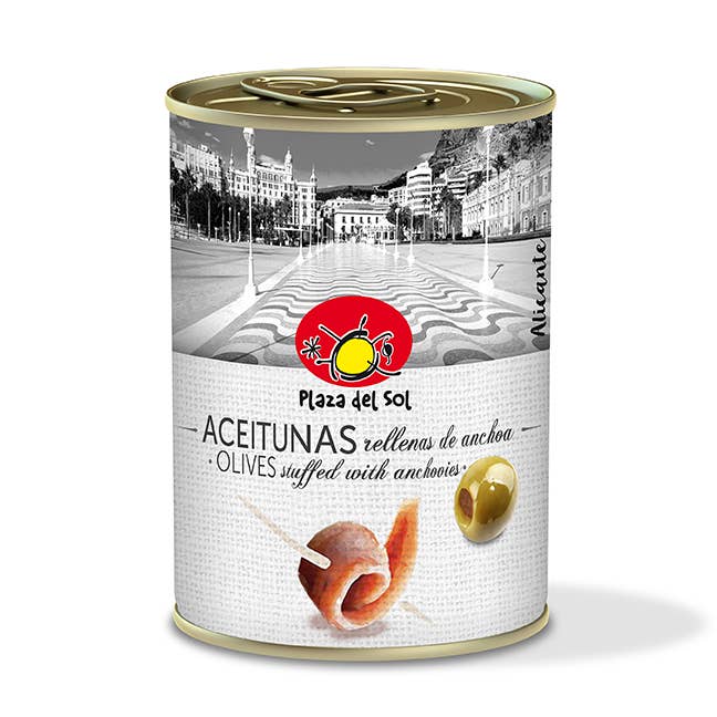Grønne oliven fyldt med ansjospasta 280g for engroshandel hos Plaza del sol