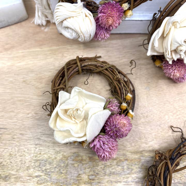 Mini Grapevine Wreath Ornaments with Dried Flowers, 3” for wholesale by Sunsum Intentional Living