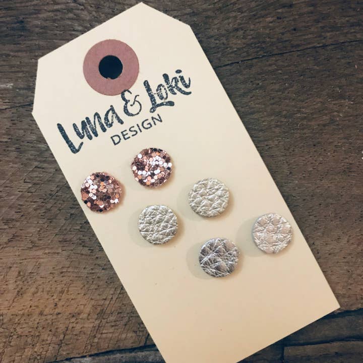 Meghan — Kreise Ohrstecker-Set aus Leder — Roségold Chunky Glitzer, Champagner, Silber für den Großhandel von Luna And Loki Design