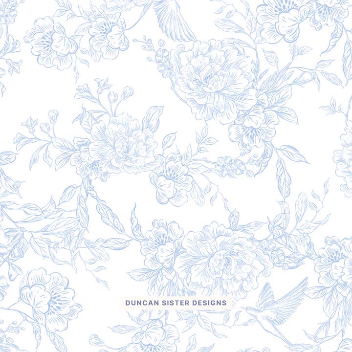 Duncan Sister Designs - Wholesale Stationery/Notecard Set - Blue Floral Toile Notecards – Set of 8, USA Made2