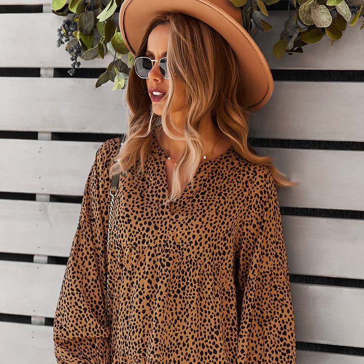 V Neck Drop Shoulder Cheetah Print Tunic Dress for wholesale by Supreme Fashion