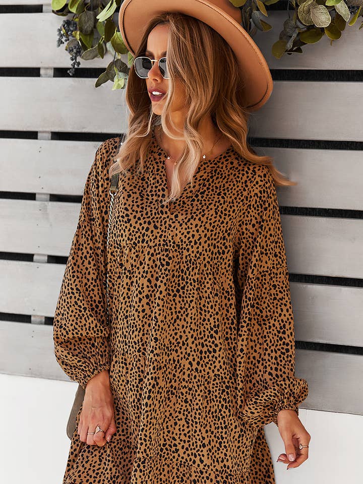 Supreme Fashion - Wholesale Dress - Women's - V Neck Drop Shoulder Cheetah Print Tunic Dress0