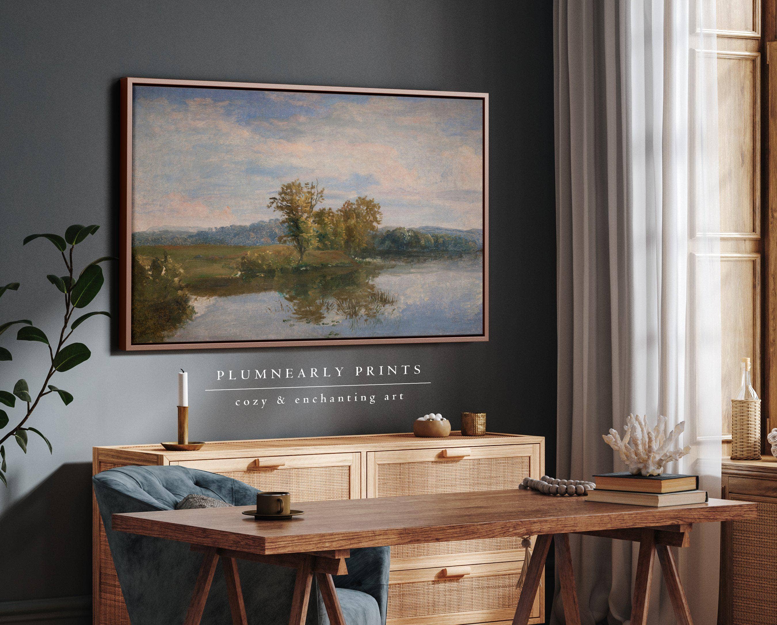 Plumnearly Prints - Wholesale Canvas Art - Sage Green Blue Lake Landscape Painting Framed Canvas Art 51