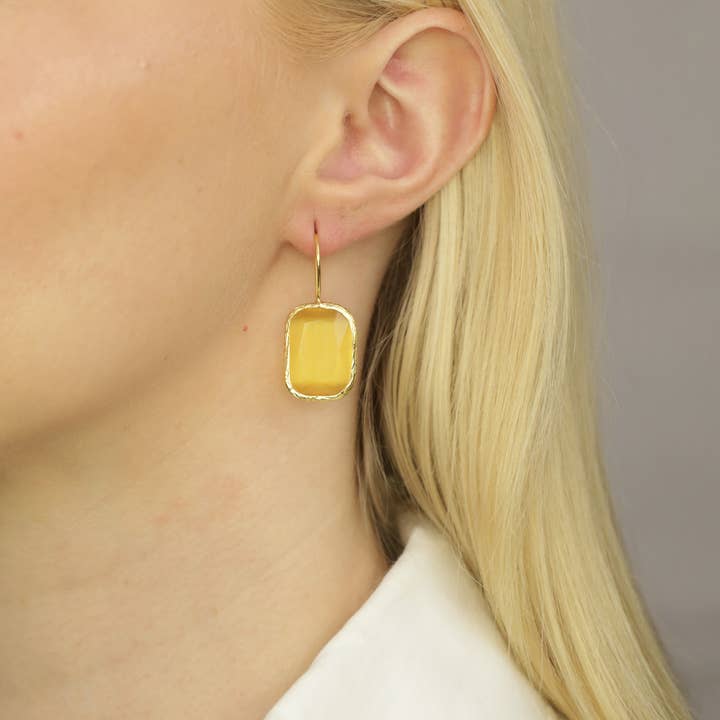 Chic Le Freak - Wholesale Dangle Earrings - Cateye stone earrings, warm yellow, rectangular1