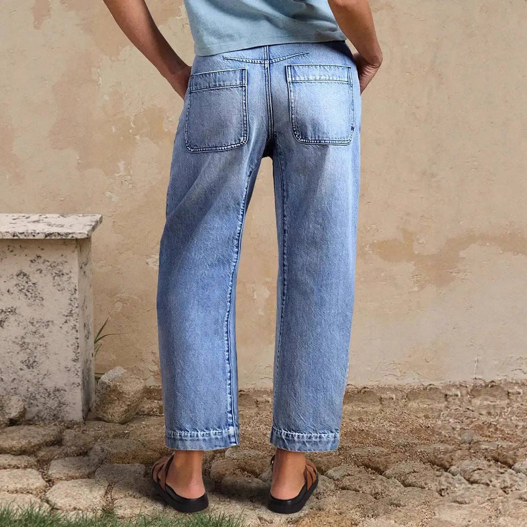 Bleu clair Pantalon décontracté large en denim extensible raccourci en vente sur Faire2