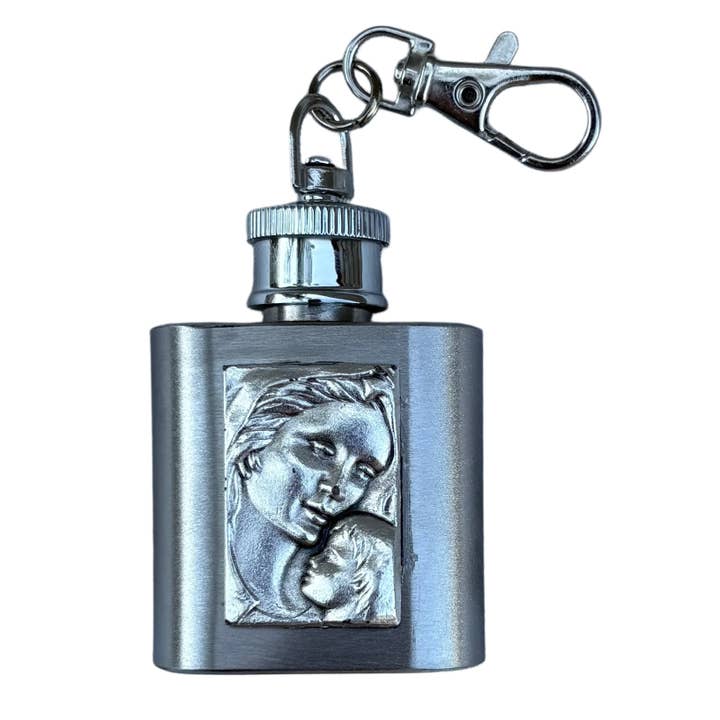 Frasco de Agua Bendita - Virgen y Niño SS con Llavero 1 oz para venta al por mayor de Oremus Mercy