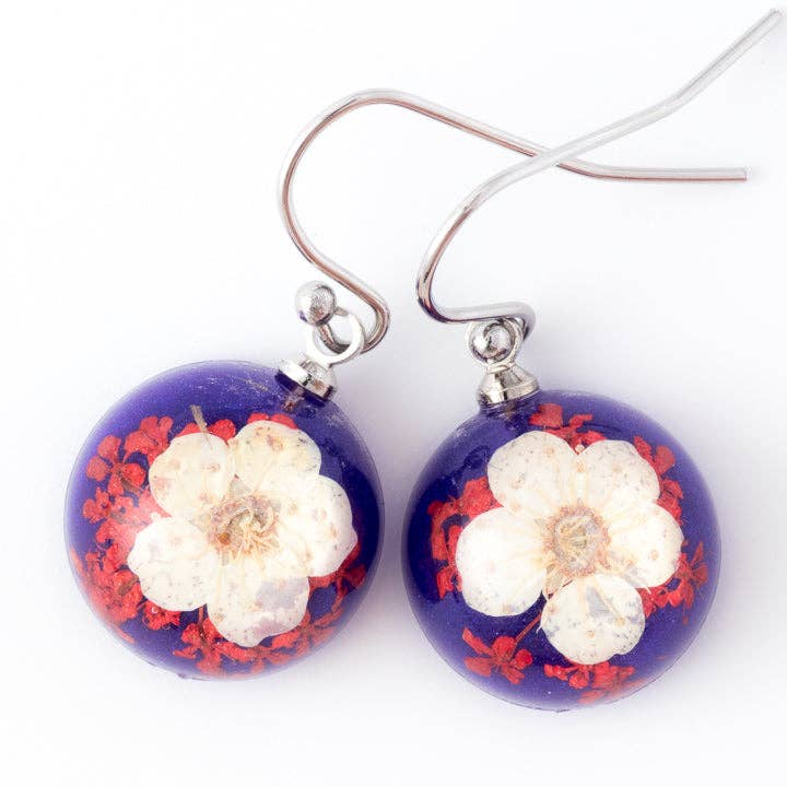 Flower Earrings Mini Orb Earrings White-Purple for wholesale by Hanami Real Flower Jewelry