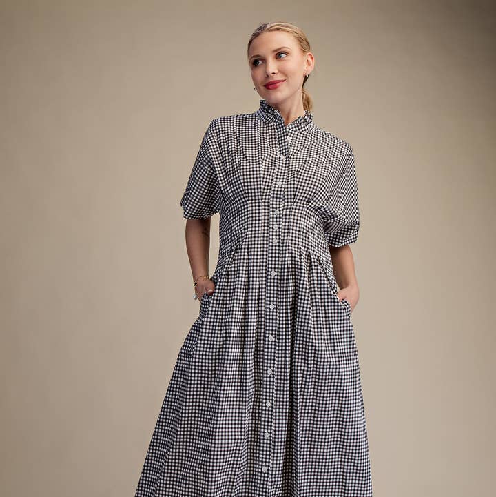 Glam - Wholesale Dress - Women's - Gingham Check Ruffle Neck Waist Pleated Midi Dress